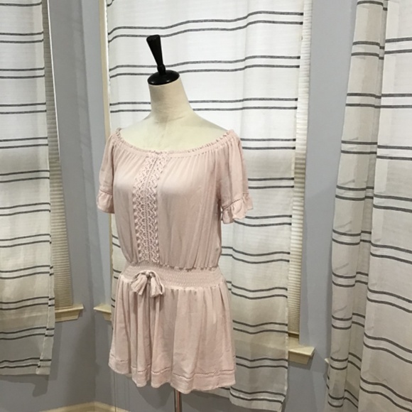 Ocean Drive Women Size Med Baby Pink Off Shoulder Eyelet Crochet Mini Dress Boho - Picture 2 of 11